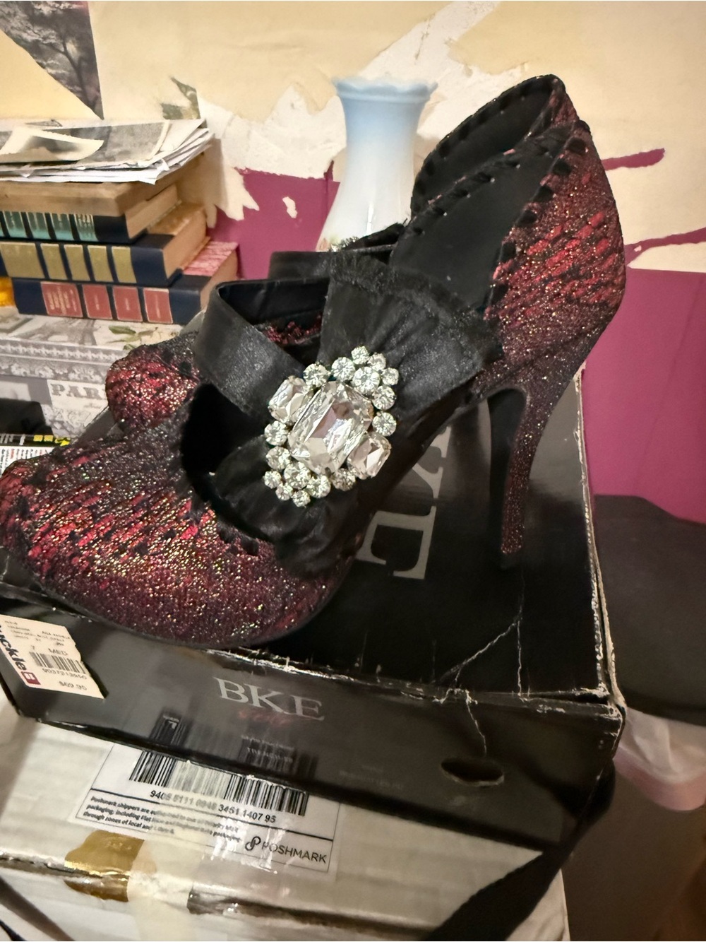 Buckle Red Glitter Lace Mary Jane Heels with Black Bow and Crystal Accent - Picture 4 of 6